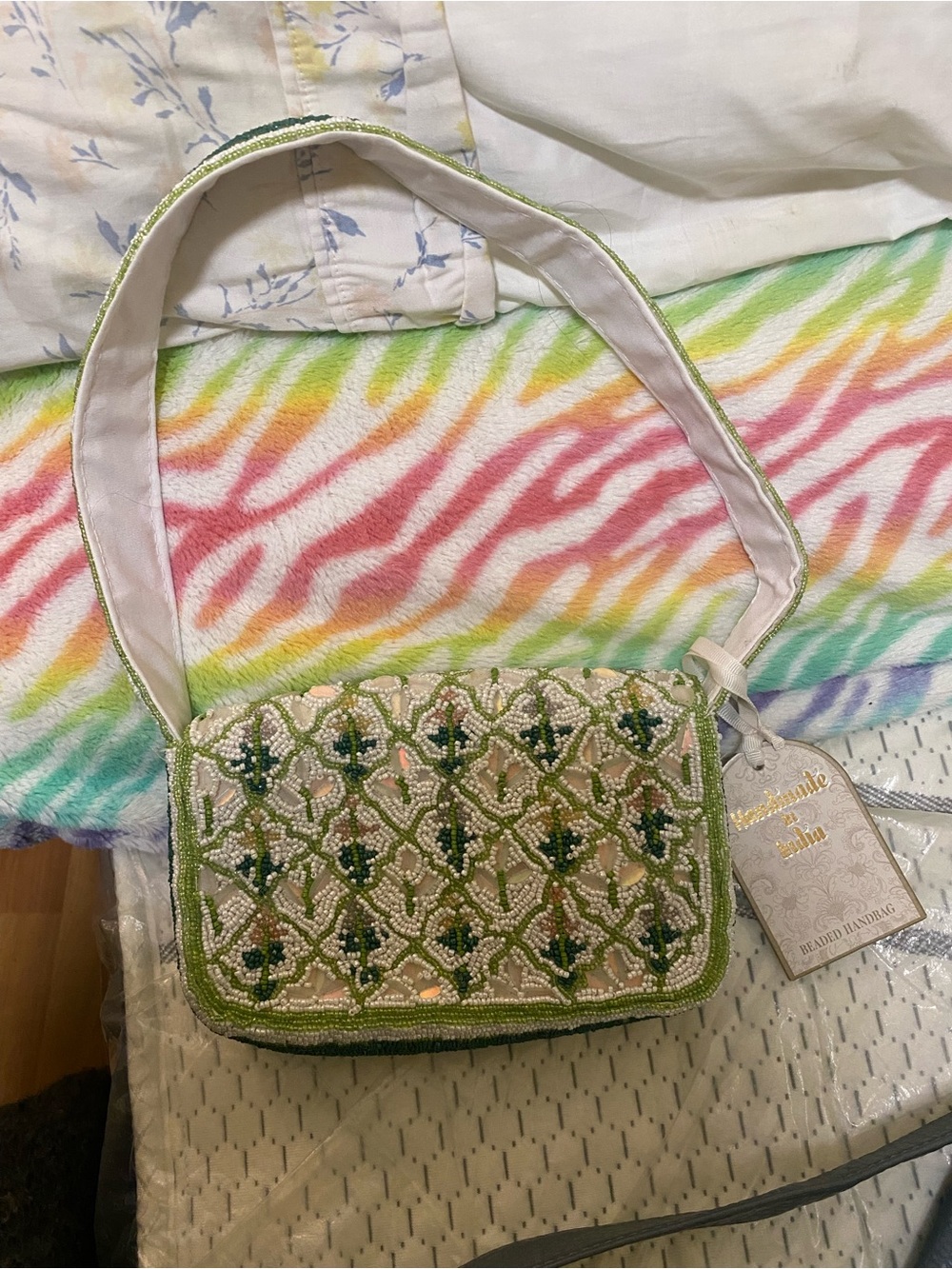 Marshalls Green and Cream Beaded Shoulder Bag